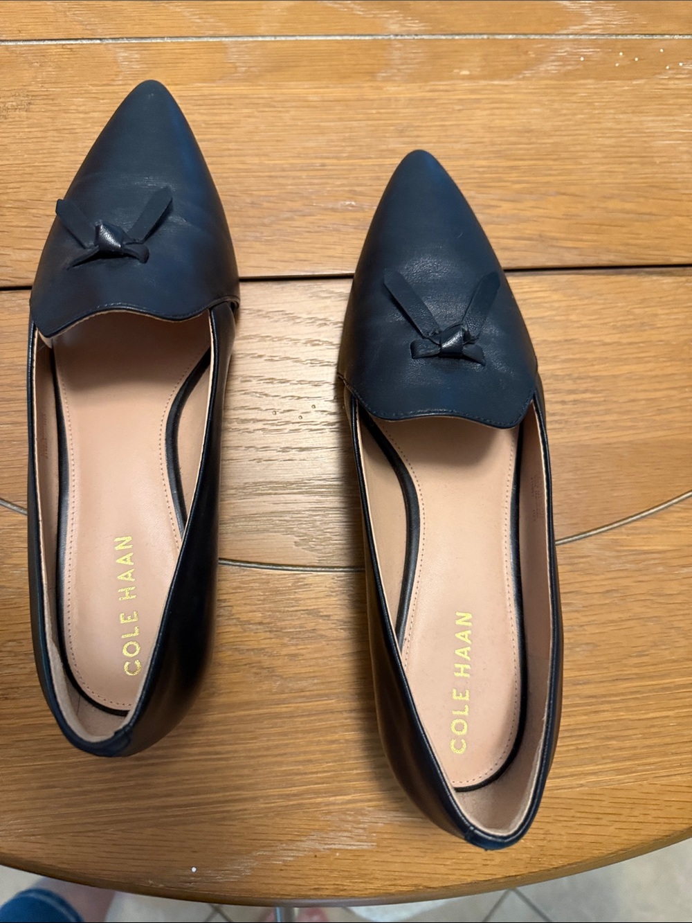 Cole Haan Black  Pointed Toe Leather Flats with Knot Accent size 8